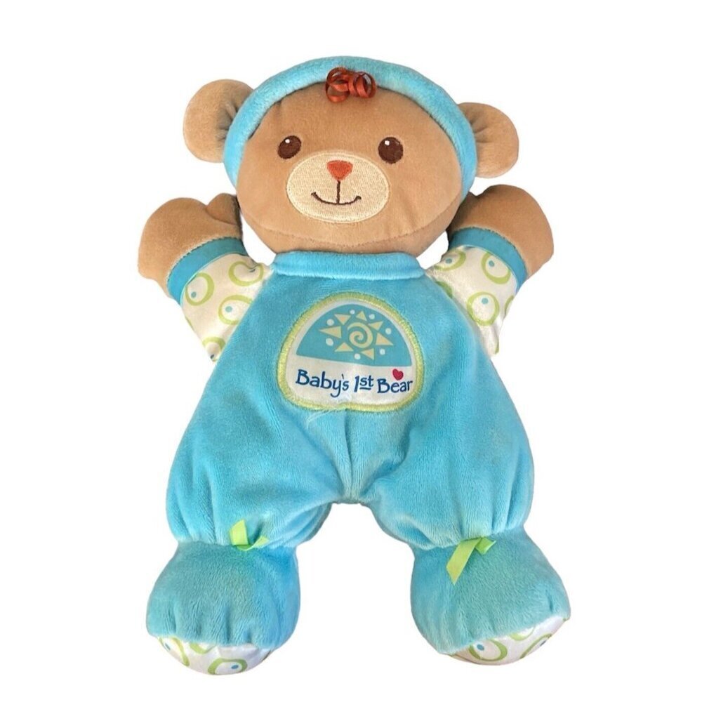 Fisher Price Brilliant Basics Baby My First 1st Bear 10" Plush Rattle Blue 2008